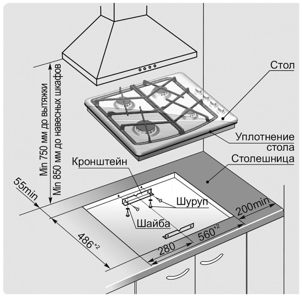 крепление газовой панели к столешнице